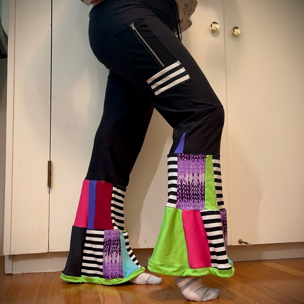 Upcycled Nike Active Pants Boho Hippie Patchwork Zumba Flare Athleisure Pockets